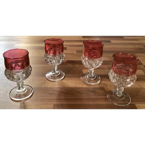 4 Vintage Tiffin Glass King’s Crown Flashed Cranberry Thumbprint Wine Glasses - Picture 7 of 9
